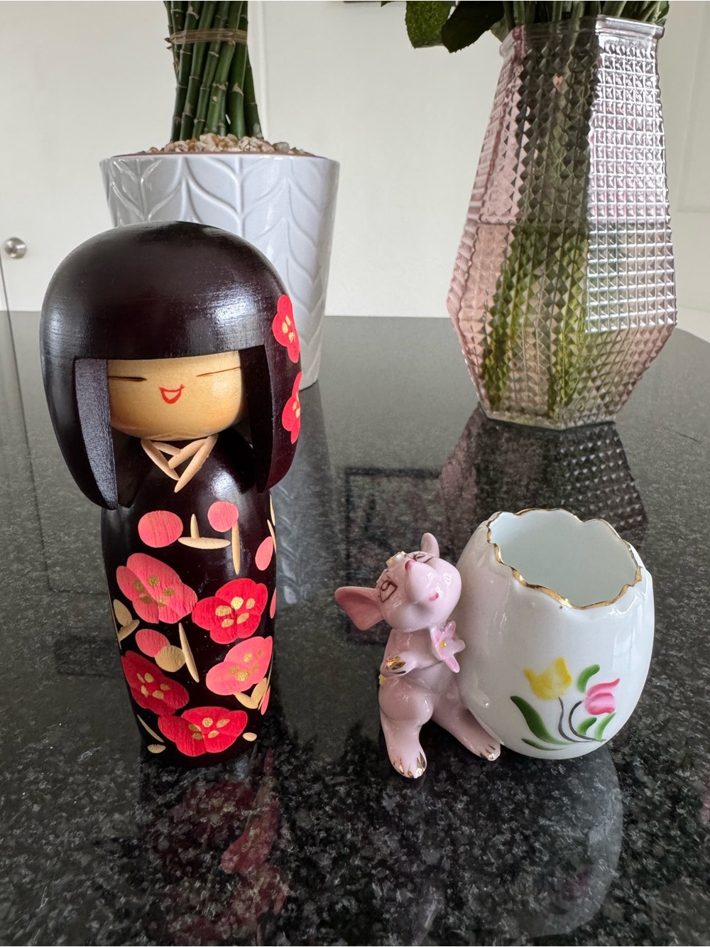 Vintage Japanese Kokeshi Doll & Mouse Planter Set Hand Painted Collectibles